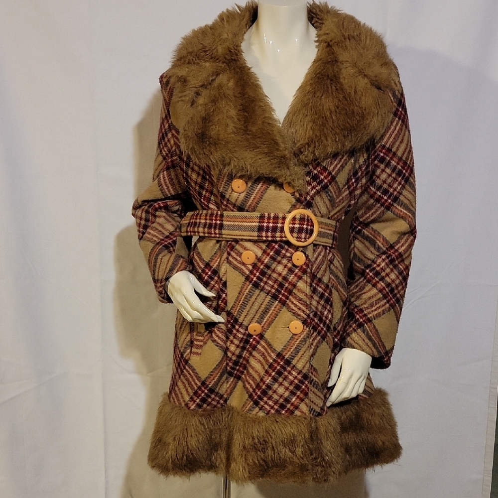 Vintage Plaid Belted Jacket with Faux Fur Accents